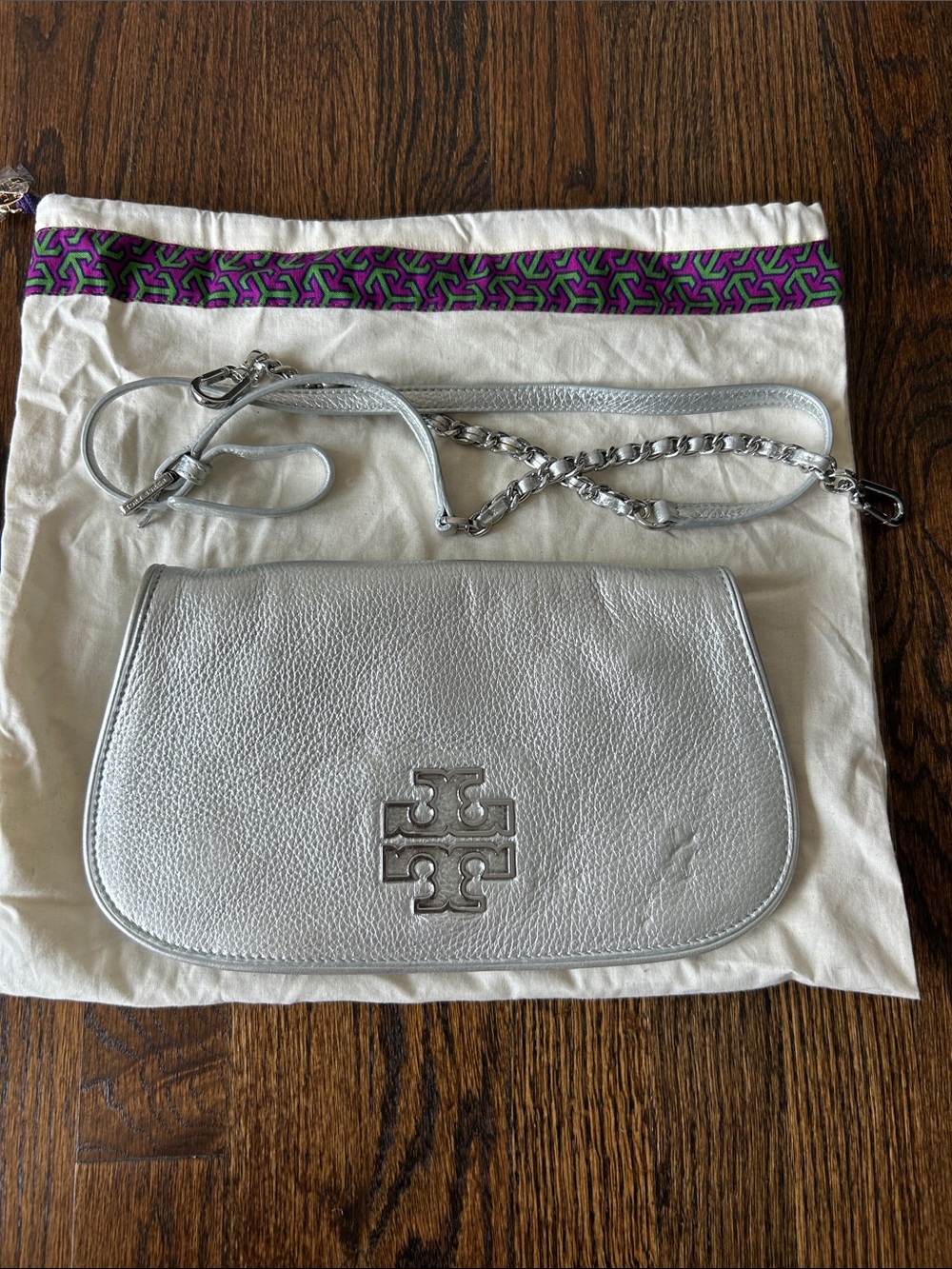 Tory Burch Silver Pebbled Leather Crossbody with Chain Strap